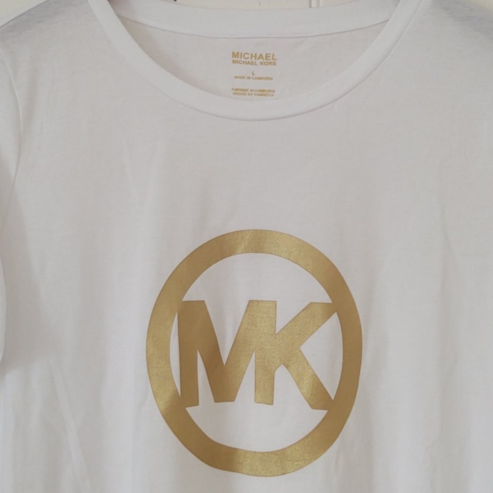 NWT! Michael Kors Womens MK Logo Gold White TShirt - Picture 4 of 7